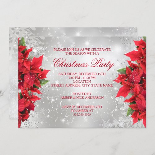 Red Silver Sparkle Holly Floral Christmas Party Invitation