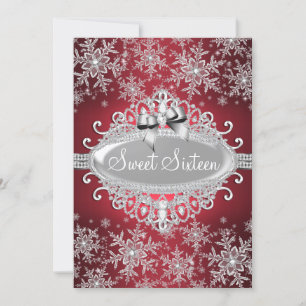 Red Silver Sparkle Snowflake Sweet 16 Invite