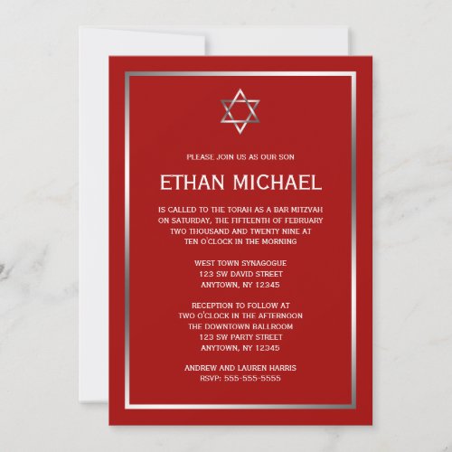 Red Silver Star of David Bar Mitzvah Invitations
