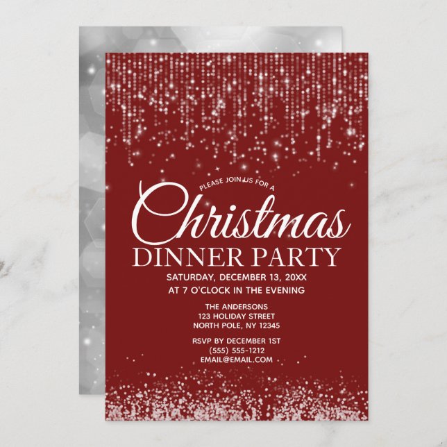Red Silver String Lights Christmas Dinner Party Invitation (Front/Back)