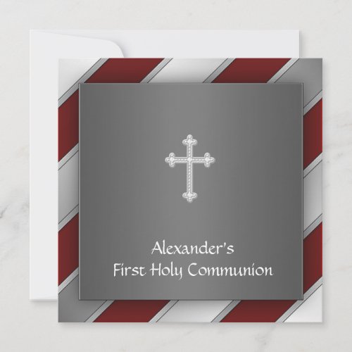 Red Silver Stripe Boy First Communion Invitation