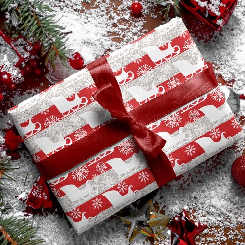 Red  Silver Stripe Snowflake  Santas Sleigh Wrapping Paper