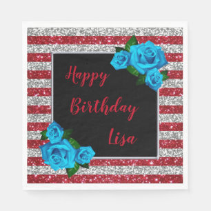 Red Silver Stripes Glitter Blue Roses Birthday Napkins