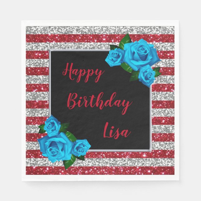 Red Silver Stripes Glitter Blue Roses Birthday Napkins (Front)