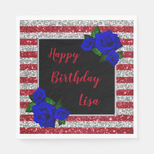 Red Silver Stripes Glitter Deep Blue Rose Birthday Napkins