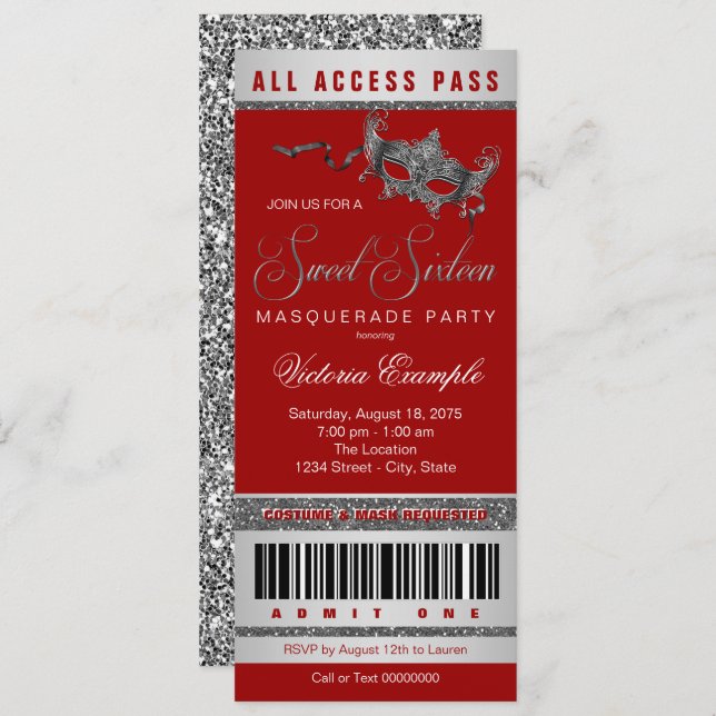  Red Silver Sweet 16 Masquerade Party Ticket Invitation (Front/Back)