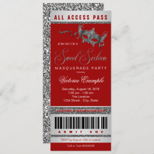 Red Silver Sweet 16 Masquerade Party Ticket Invitation