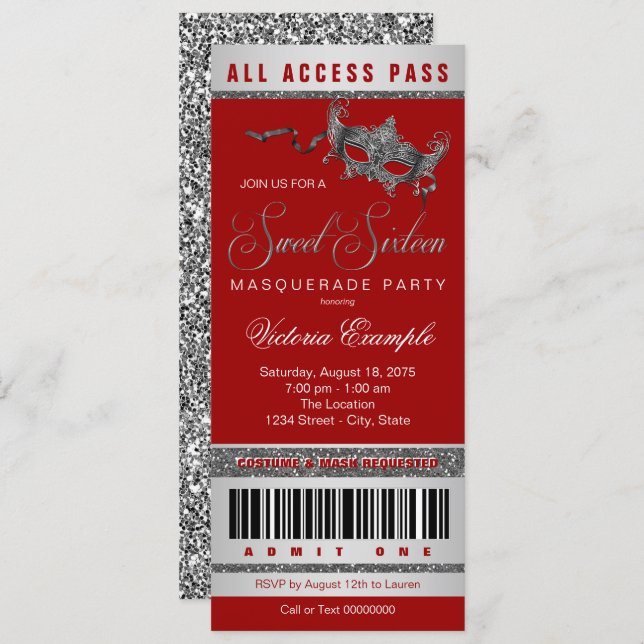  Red Silver Sweet 16 Masquerade Party Ticket Invitation (Front/Back)