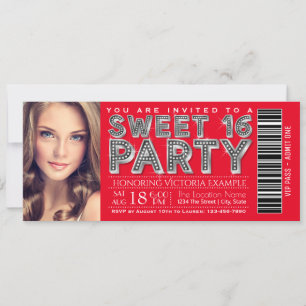Red Silver Sweet 16 Ticket Invitation