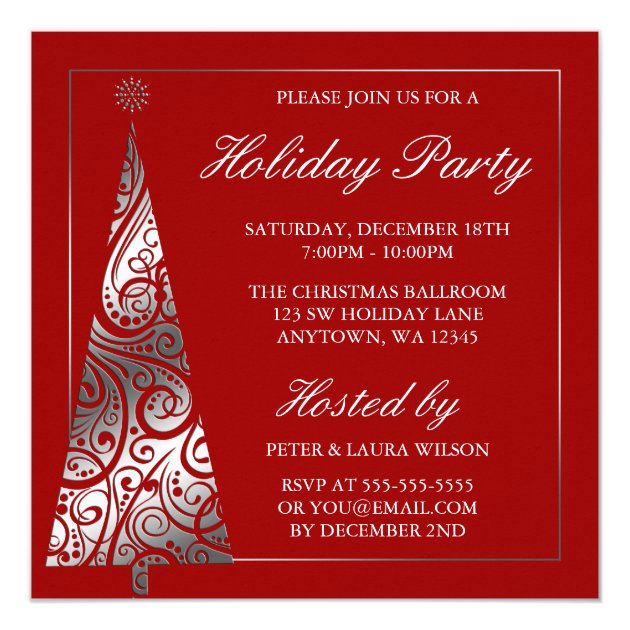 Red Silver Swirl Christmas Tree Holiday Party Invitation