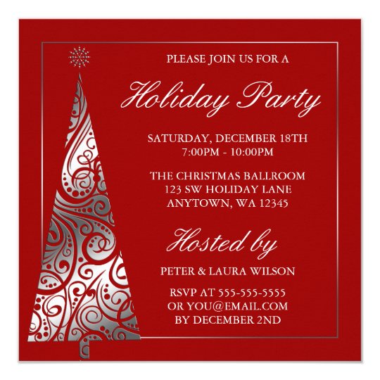 Red Silver Swirl Christmas Tree Holiday Party Invitation | Zazzle.com