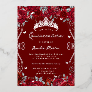 Red Silver Swirl Scroll Floral Quinceanera Foil Invitation