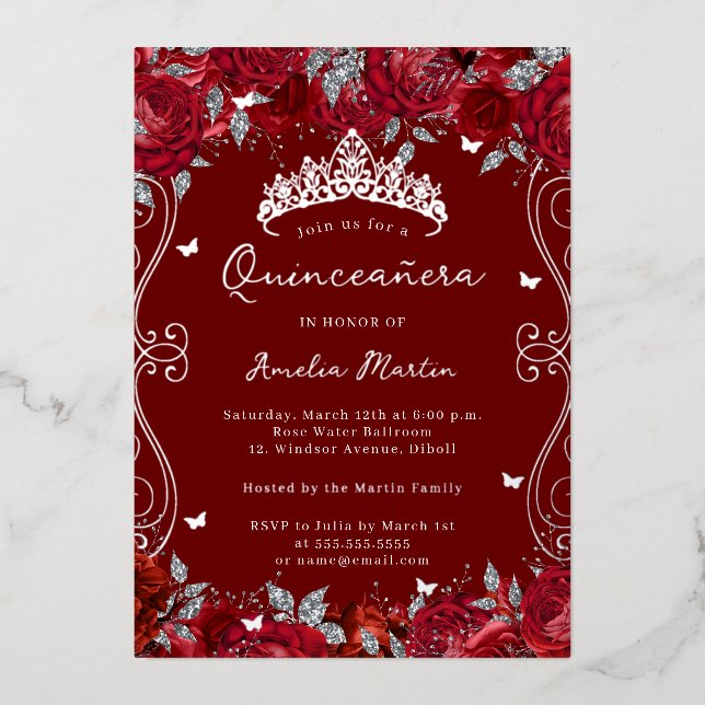 Red Silver Swirl Scroll Floral Quinceanera  Foil Invitation (Front)