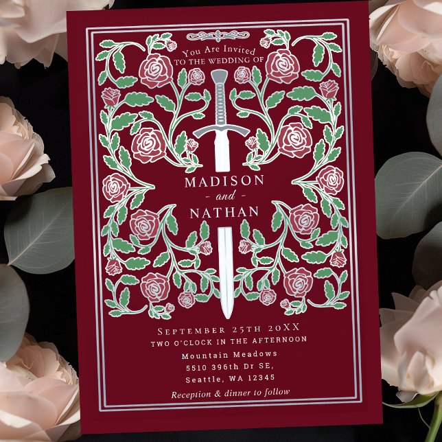 Red Silver Sword Floral Medieval Fantasy Wedding Invitation (Creator Uploaded)