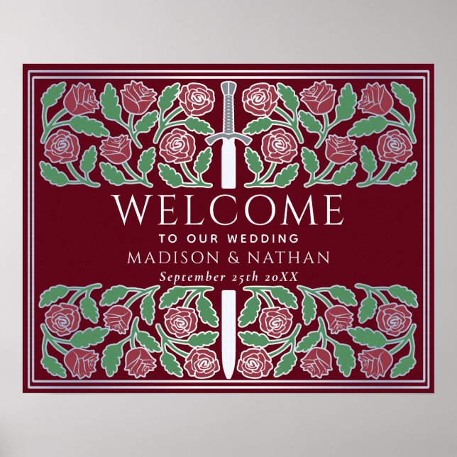 Red Silver Sword Floral Royal Wedding Welcome Sign (Front)