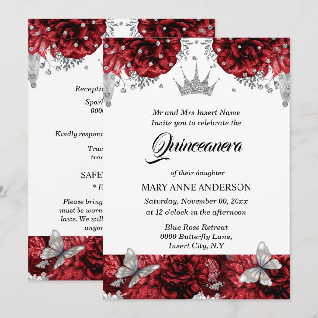 Red silver tiara butterfly blue rose quinceanera invitation (Front/Back)