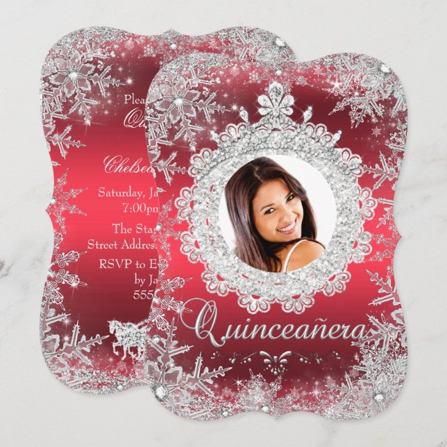 Red Silver Tiara Snowflake Sparkle Quinceanera Invitation (Front/Back)