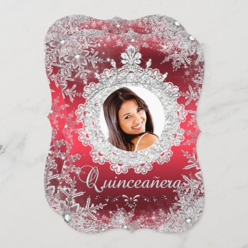 Red Silver Tiara Snowflake Sparkle Quinceanera Invitation