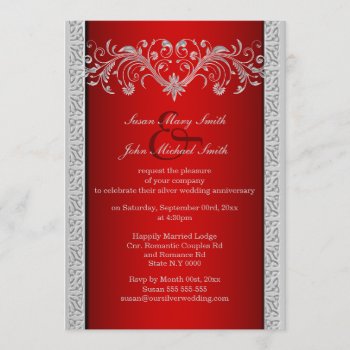 Red Silver Wedding Anniversary Floral Invitation by mensgifts at Zazzle