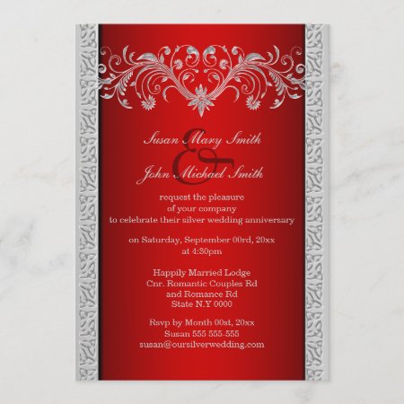 Red Silver Wedding Anniversary Floral Invitation