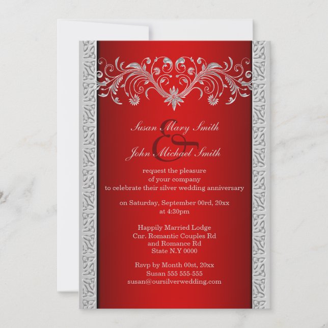 Red silver wedding anniversary floral invitation (Front)