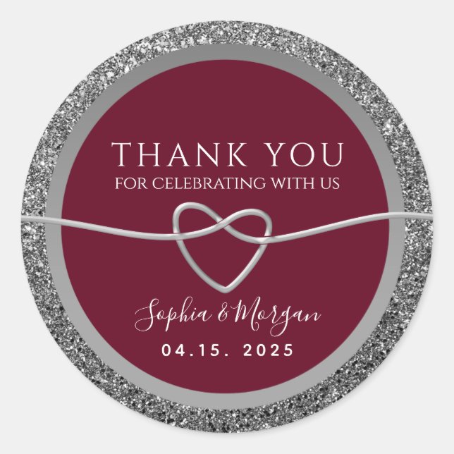 Red Silver Wedding Thank You Classic Round Sticker (Front)