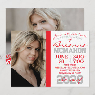 Red, Silver & White Graduation 2 Photo Invitation