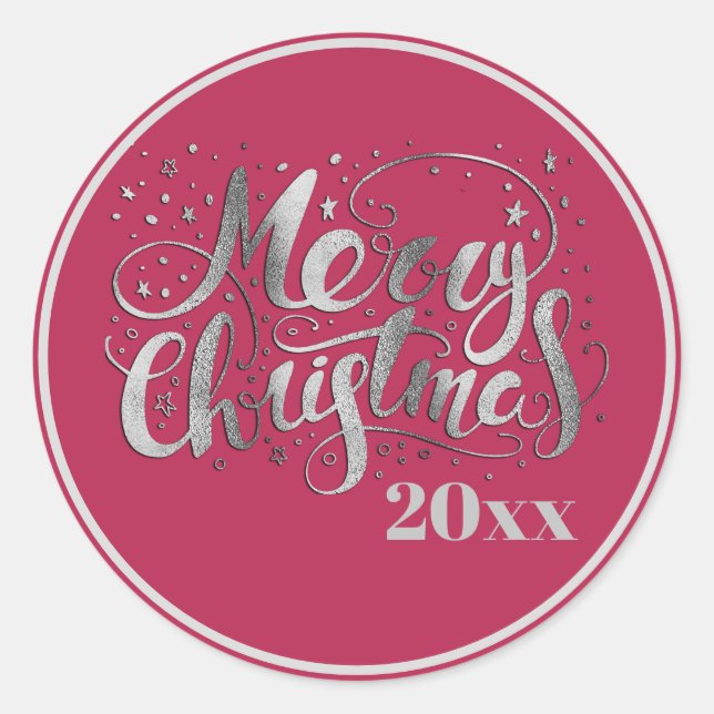 Red Silver White Merry Christmas Classic Round Sticker (Front)