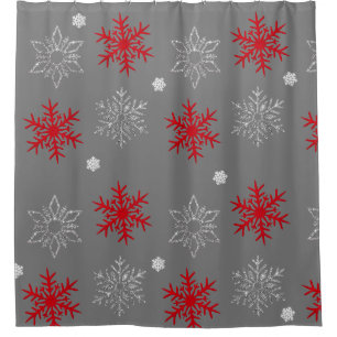 Red, Silver & White Snowflakes on Charcoal Gray Shower Curtain