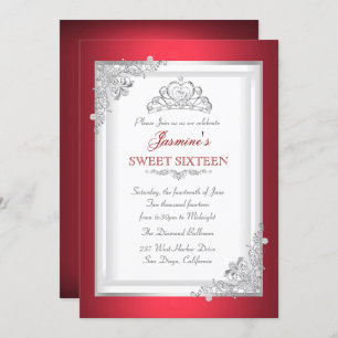 Red Silver White Tiara Sweet 16 Birthday Party Invitation