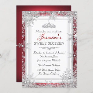 Red Silver Winter Wonderland Sweet 16 Invitation