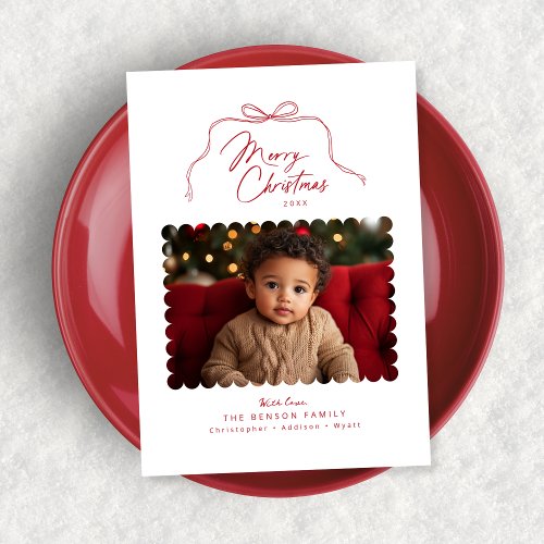 Red Simple Bow Scalloped Photo Christmas Card