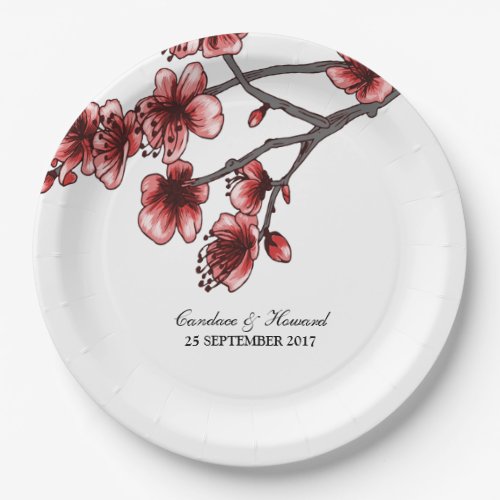 Red Simple Cherry Blossoms Paper Plates