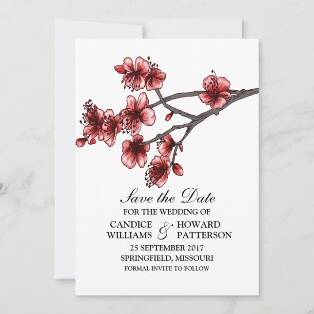 Red Simple Cherry Blossoms Save the Date Invite (Front)