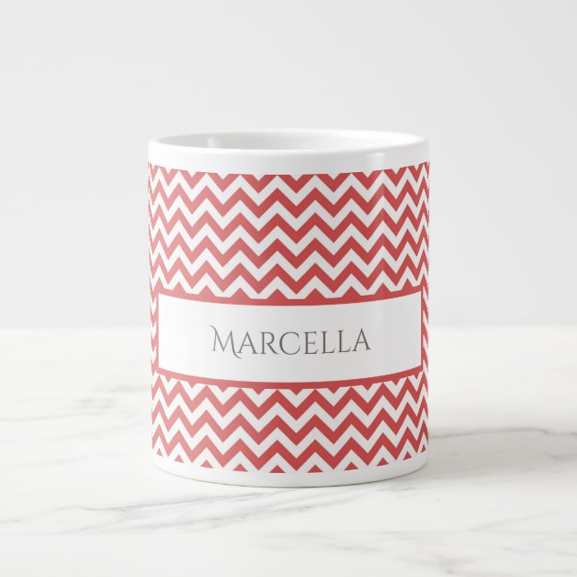 Red Simple Chevron Personalized Giant Coffee Mug (Front)
