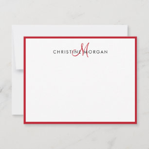 Red simple chic minimalist monogram name note card
