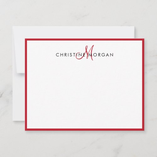 Red simple chic minimalist monogram name note card