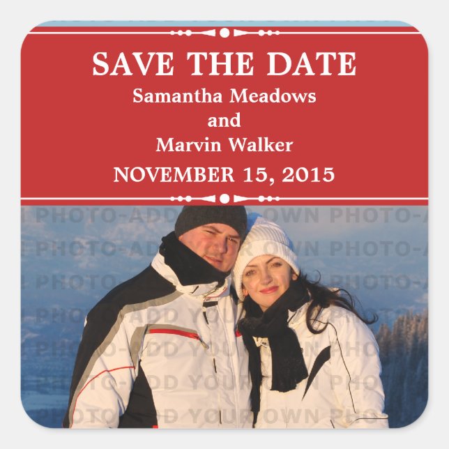 Red Simple Chic Photo Save the Date Stickers (Front)
