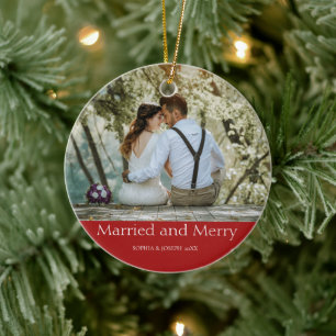 Red Simple Christmas Married and Merry Newlywed Ceramic Ornament