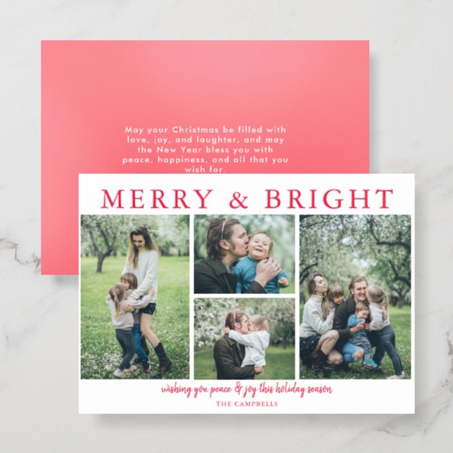 Red Simple Elegant 4 photos Christmas Holiday  Letterpress Photo Cards (Front/Back)