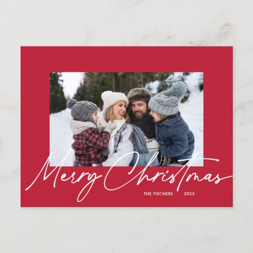 Red Simple Merry Christmas Calligraphy Photo Holiday Postcard