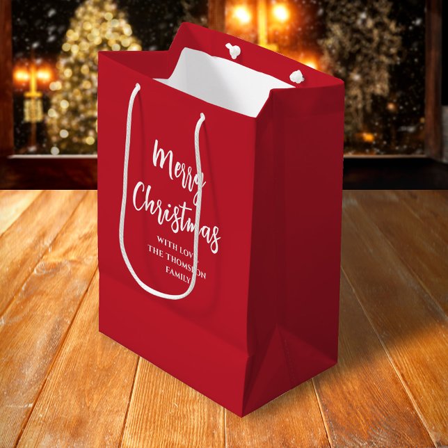 Red Simple Merry Christmas Custom Medium Gift Bag (Merry Christmas Whimsy calligraphy simple red gift bag)