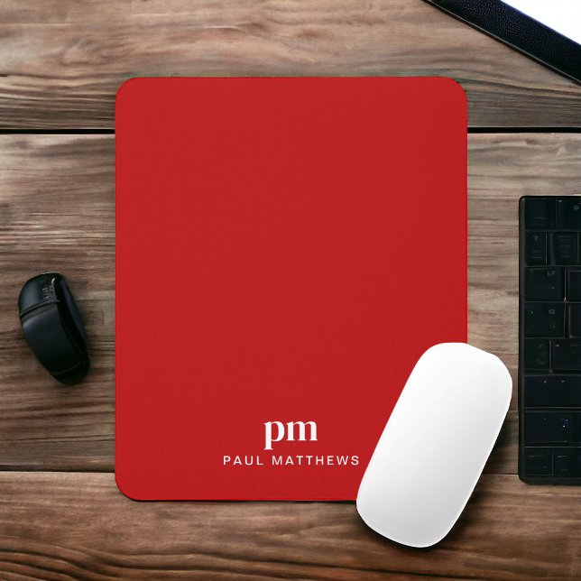 Red Simple Minimalist with Monogram and Name Mouse Pad (Personalize with your initials and name.)