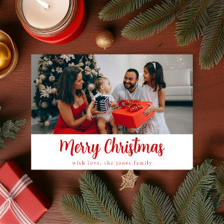 Red Simple Modern Script One Photo Merry Christmas Holiday Card