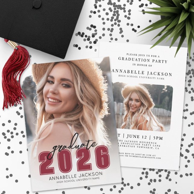 Red Simple Photo Graduation Invitation (Grad Party Simple Red Photo Graduation Invitation)