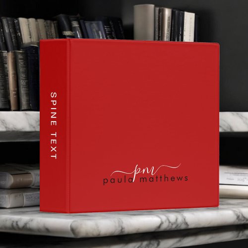 Red Simple Professional Monogram Initials and Name 3 Ring Binder