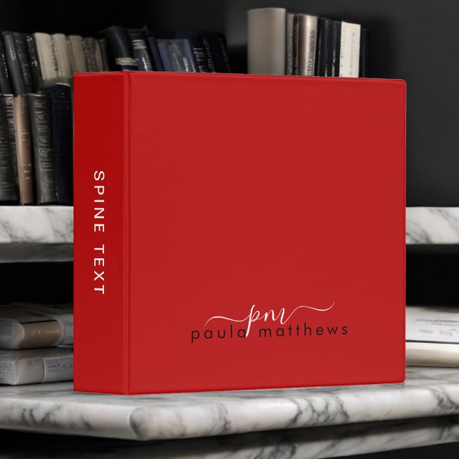 Red Simple Professional Monogram Initials and Name 3 Ring Binder (Personalize with your name and initials.)