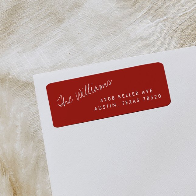 Red Simple Script Name Return Address Labels (Red diagonal family name return address labels.)