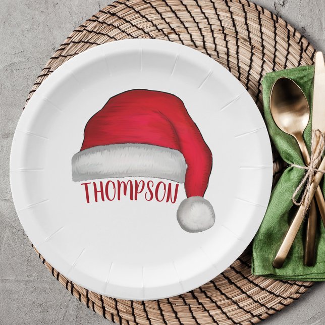 Red Simple Traditional Christmas Santa Hat Paper Plates (Christmas holiday custom paper plate with whimsy Santa Hat.)