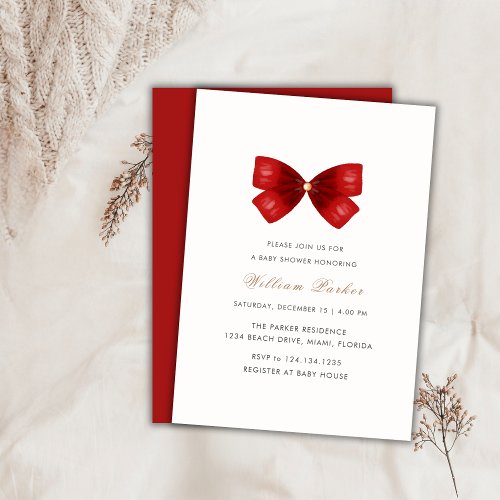 Red Simple Watercolor Bow Baby Shower Invitation